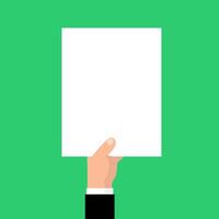 Hand holding blank paper. Paper with place for text. Hand with clean, white paper. Isolated on green background vector