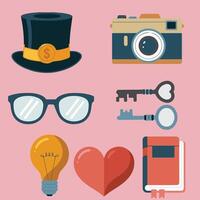 Flat icon set of new year. Camera, planner, bulb, sunglass, key elements, vector