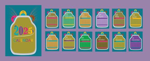 Cute calendar template for 2025 year with cartoon illustrations . Calendar grid with weeks starts on Sunday. Horizontal monthly calender layout for planning. vector
