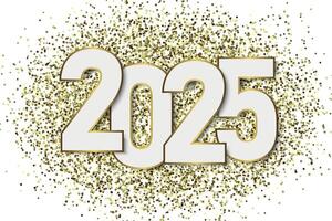 Bold 2025 text surrounded by shimmering gold glitter on a bright white background. vector