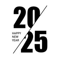 Bold 2025 with diagonal split and Happy New Year text in minimalist black and white vector