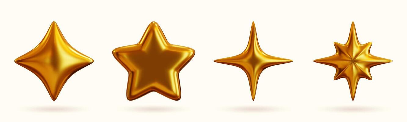 Set of 3D shapes in chrome, including a golden liquid star and a glossy heart sticker in a futuristic metal style.