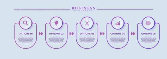 Design template for infographic labels with icons and 5 options or steps. Suitable for process diagrams, presentations, workflow layouts, banners, flow charts, and infographics. vector