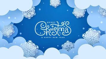 Merry Christmas. Whimsical paper cut clouds and snowflakes float against a blue sky, creating a serene winter backdrop. vector