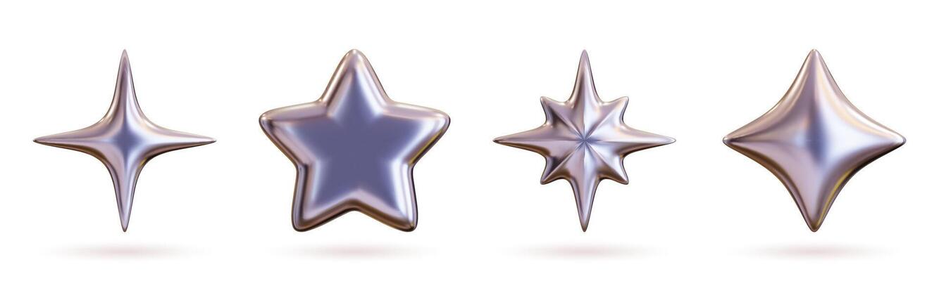 Set of 3D shapes in chrome, including a silver liquid star and a glossy heart sticker in a futuristic metal style.