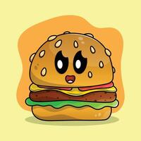 Adorable cheeseburger with tomato, lettuce, meat, and cheese between buns. Happy hamburger character illustration. vector