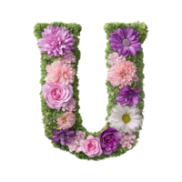 Floral letter U design with assorted flowers on transparent background png