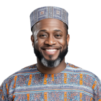 Smiling man wearing traditional attire with patterned fabric on transparent background png