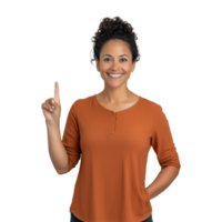 Woman smiling and pointing upwards with enthusiasm on transparent background png