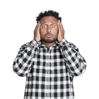 Man with shocked expression holding his head in disbelief on transparent background png