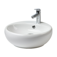 Modern round bathroom sink with chrome faucet on transparent background png