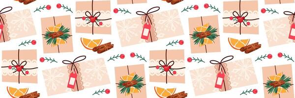 Christmas gifts in kraft paper Pattern. DIY rustic present boxes in craft wrappings with twine bows and branches. Decorated orange slices, berry and cinnamon. Winter festive background. Illustration. vector