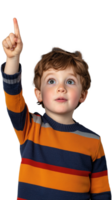 Young boy pointing upwards with curious expression on transparent background png