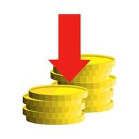 A red arrow pointing down on a pile of gold coins vector