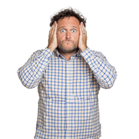 Man expressing surprise and confusion with hands on head on transparent background png