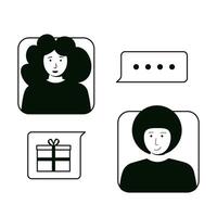 A black and white illustration of a woman with a gift box vector