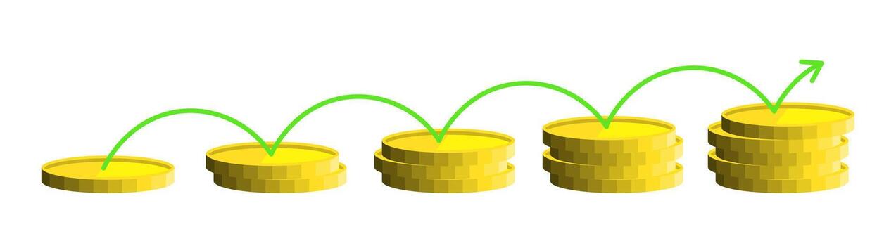 A graph of a coin stack with a green arrow vector