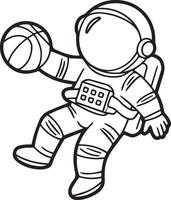 A black and white illustration of an astronaut playing with a ball in space. vector