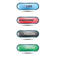 Metallic buttons in different colors. Like, subscribe, follow, share button set. Blue, green, red, and black glossy button. Social media button with icon vector
