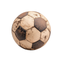 Vintage worn soccer ball with black and white patches on transparent background png