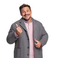 Smiling man in stylish coat giving thumbs up on transparent background png