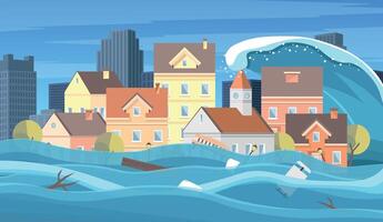 A tsunami hit the city. Global disaster, emergency. Objects are carried away by the water current. vector