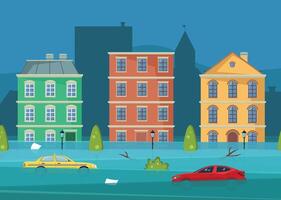 Flooding in the city center with submerged houses, cars and other objects. Emergency or disaster. vector