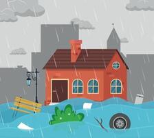 Flood. The house is flooded due to heavy rain. Global climate change, emergency, disaster. vector