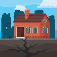 An earthquake begins in the city. A house and a street lamp. Natural disaster and emergency. vector