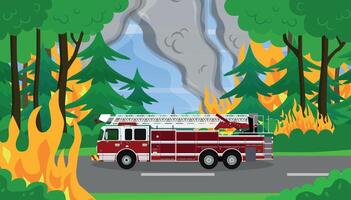 Forest fires. Fire engine. Fire extinguishing concept. Ecological disaster. Saving flora and fauna. vector
