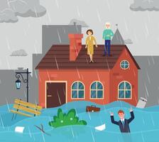 Scene of flood aftermath. People need help. Natural disaster, catastrophe, emergency. vector