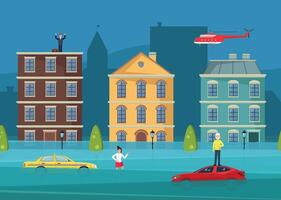 Flood in the city center. People need help. Emergency, disaster. vector