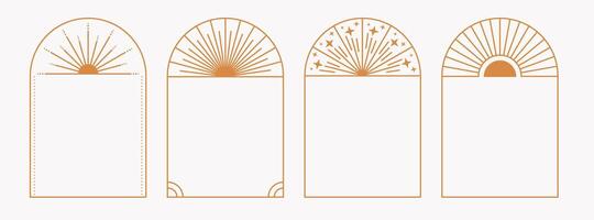 Golden geometric frames with ornament star and sunbeam in art deco style. Minimalistic modern aesthetic linear arch. vector