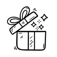Hand drawn doodle illustration of an open gift box with sparkles, perfect for celebrations, holidays, and festive designs. Simple and versatile for various creative projects. vector