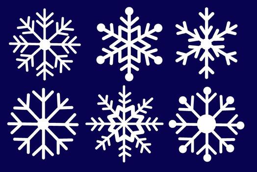 seis único copo de nieve diseños en blanco en un oscuro azul antecedentes. el gráfico estilo es limpiar y minimalista, representando invierno temas vector