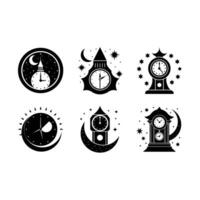 Clock Striking and Linocut Silhouette Design vector