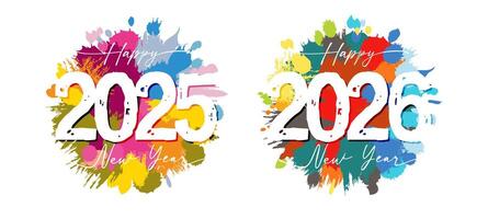 Set of trendy handdrawn style round coloured icons for new year 2025 and 2026 celebrating. Arts banner design. Festive concept. Watercolor template with brushing strokes. Creative abstract ink spots. vector