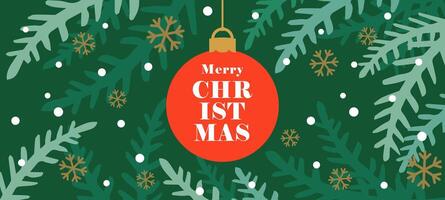 Merry Christmas horizontal banner, creative design with flat elements. Winter holiday background vector