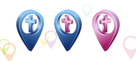 Set of 3D pin icons with Christian cross. Horizontal backdrop with flat empty pin arrows, creative template. Church location map symbol. 3 D design. Charity organization guide emblem. Isolated sign. vector