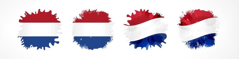 Set of grungy spots with Flag of Netherlands inside and clipping mask. Creative ink shapes. Brushing strokes style graphic isolated flag of Holland. Abstract elements. Classic and waving three color vector