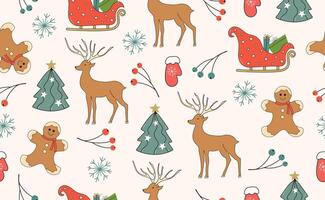 Funny Christmas seamless pattern in trendy cartoon character. Groovy Retro 70s y2k style. Cute Tree, Mitten, Rowan Branch, Santa Claus Sleigh, Snowflake, Gingerbread Man,Reindeer. illustration vector