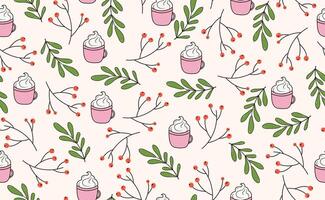 Funny Christmas seamless pattern in trendy Groovy Retro 70s y2k style. Retro style cartoon character. Cute rowan branch, hot cocoa drink. illustration vector