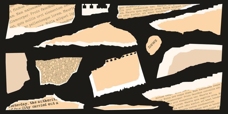 Collage Set elements for scrapbook. Trendy retro vintage paper cut, notebook sheet, newspaper. Old rip torn paper collection. Craft retro gazettes, grunge papers collection. illustration