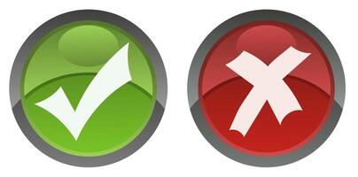 A set of volumetric buttons. Green ticks and red crosses. Round confirmation or cancellation signs. vector