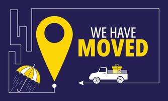We have moved icon. Relocation. Changed address. GPS guide. Geotag. on isolated white background. EPS 10 vector