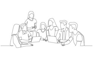 Continuous one line drawing of employees wearing casual clothes meeting in office, discussing work in modern office concept, single line art. vector
