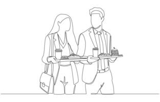 Continuous one line drawing of two office workers walking together while carrying foods and drinks, taking lunch break at company concept, single line art. vector