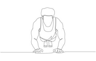 Continuous one line drawing of man doing plank exercise from front view, fitness training concept, single line art. vector