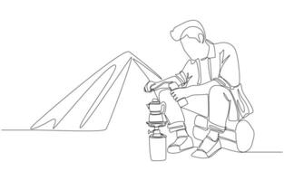 Continuous one line drawing of man making coffee while camping alone, camping and relaxation concept, single line art. vector