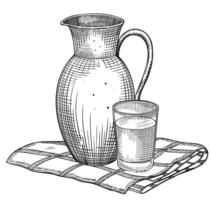 Pitcher and glass with milk illustration. Linear drawing of jug with water standing on checkered tablecloth for recipe in cookbook or menu. Black outline etching of dairy product. vector